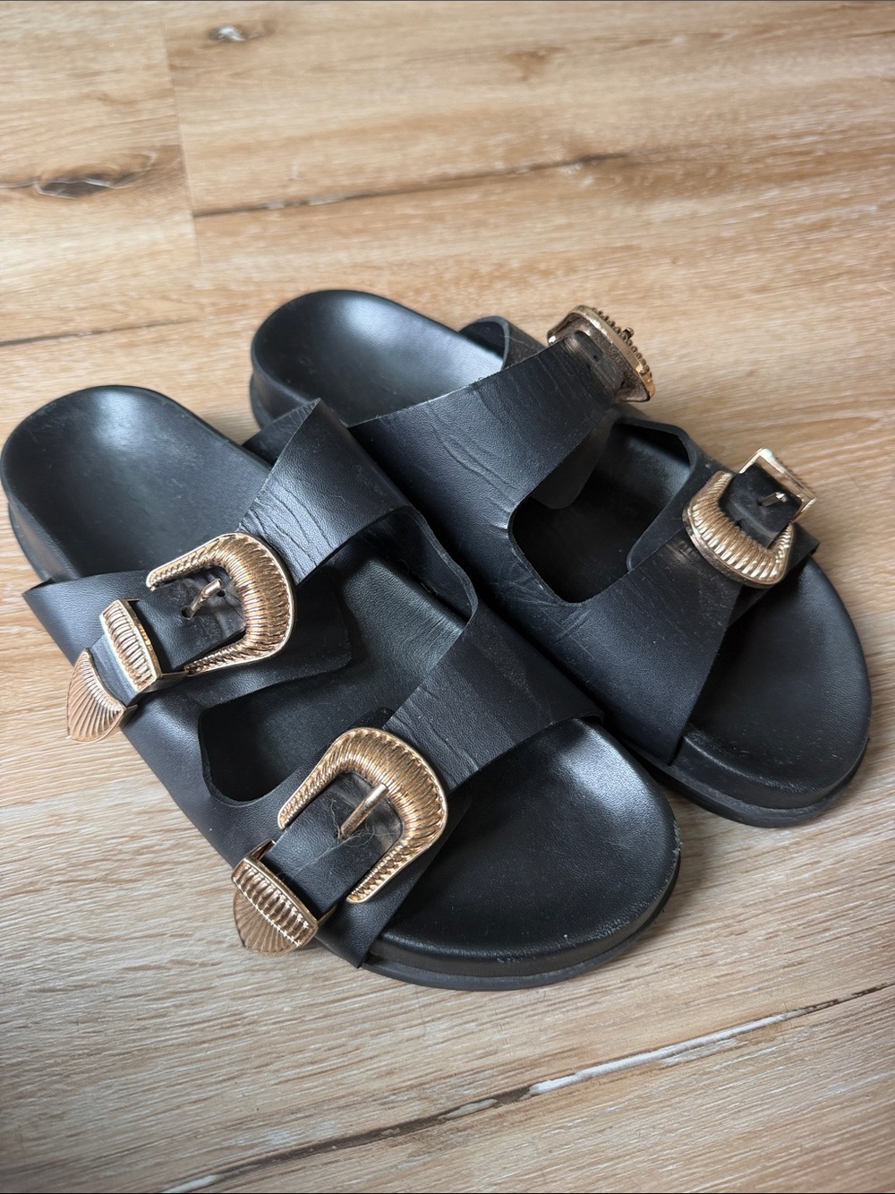 Sol Sana Black Sandals with Gold Buckles